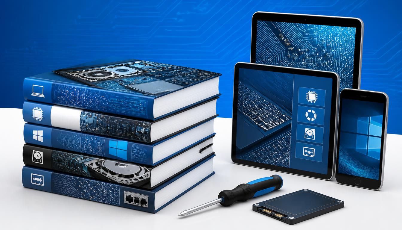 Colección de libros técnicos sobre reparación de laptops, BIOS, UEFI, Windows y data recovery